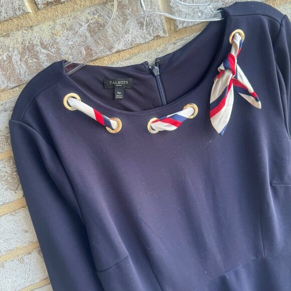 Talbots 3/4 Sleeve Scarf Tie Neckline Navy Blue Fit & Flare Dress Size 16 Petite - Picture 5 of 8
